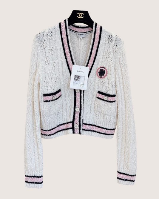 Chanel 24P Cable Cardigan White, Pink, Black FR 38