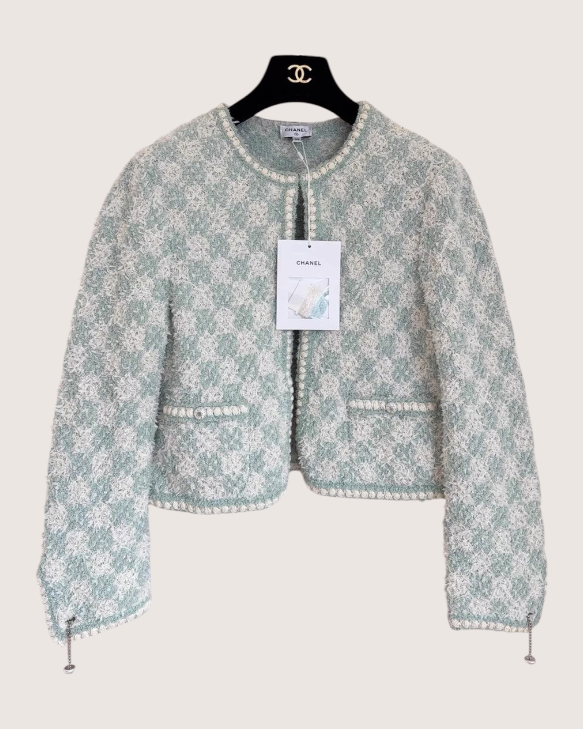 Chanel Tweed Cardigan Green, White FR 38