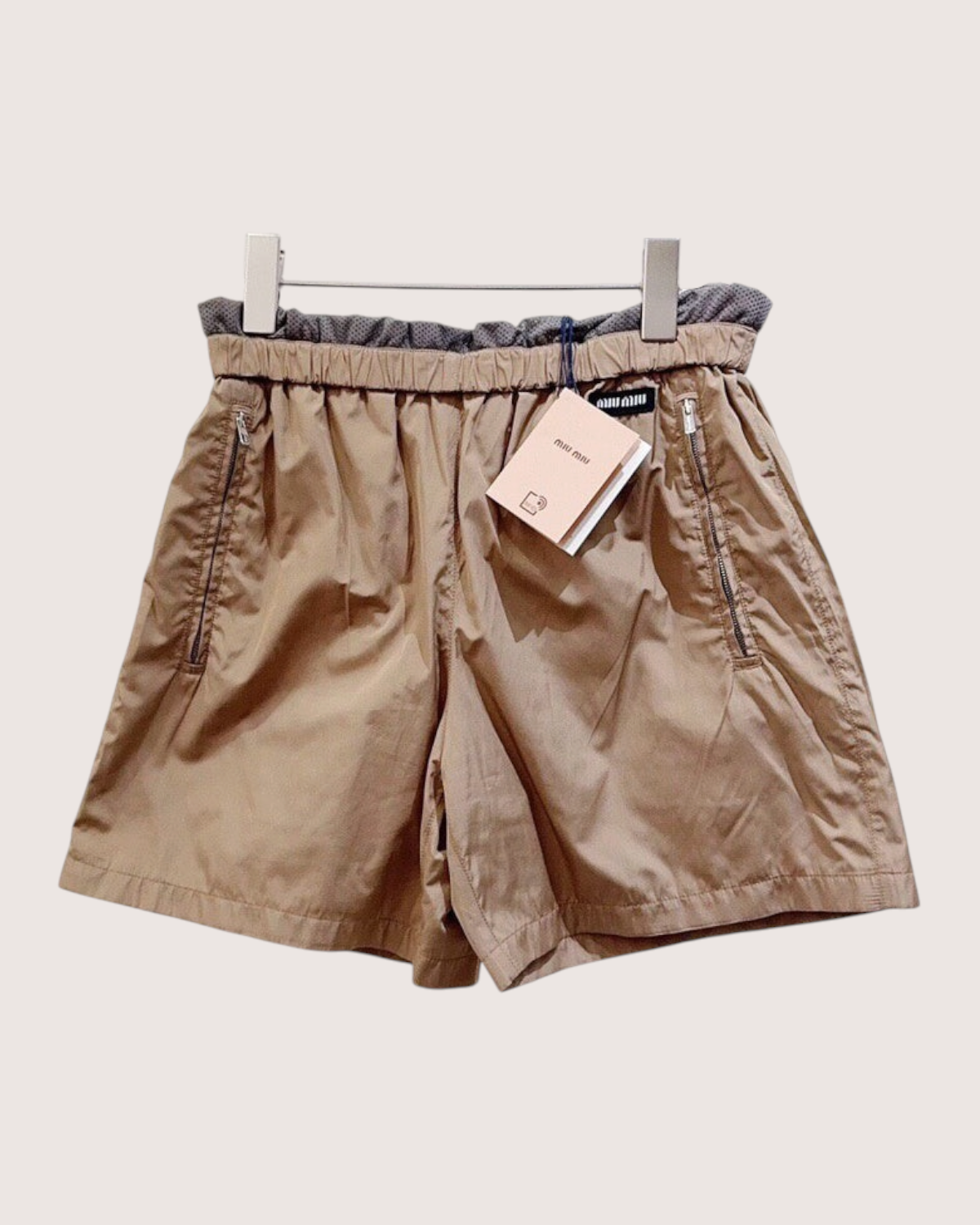 Miu Miu Logo Zip-Pocket Shorts Brown, Grey IT 36