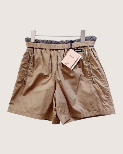 Miu Miu Logo Zip-Pocket Shorts Brown, Grey IT 36