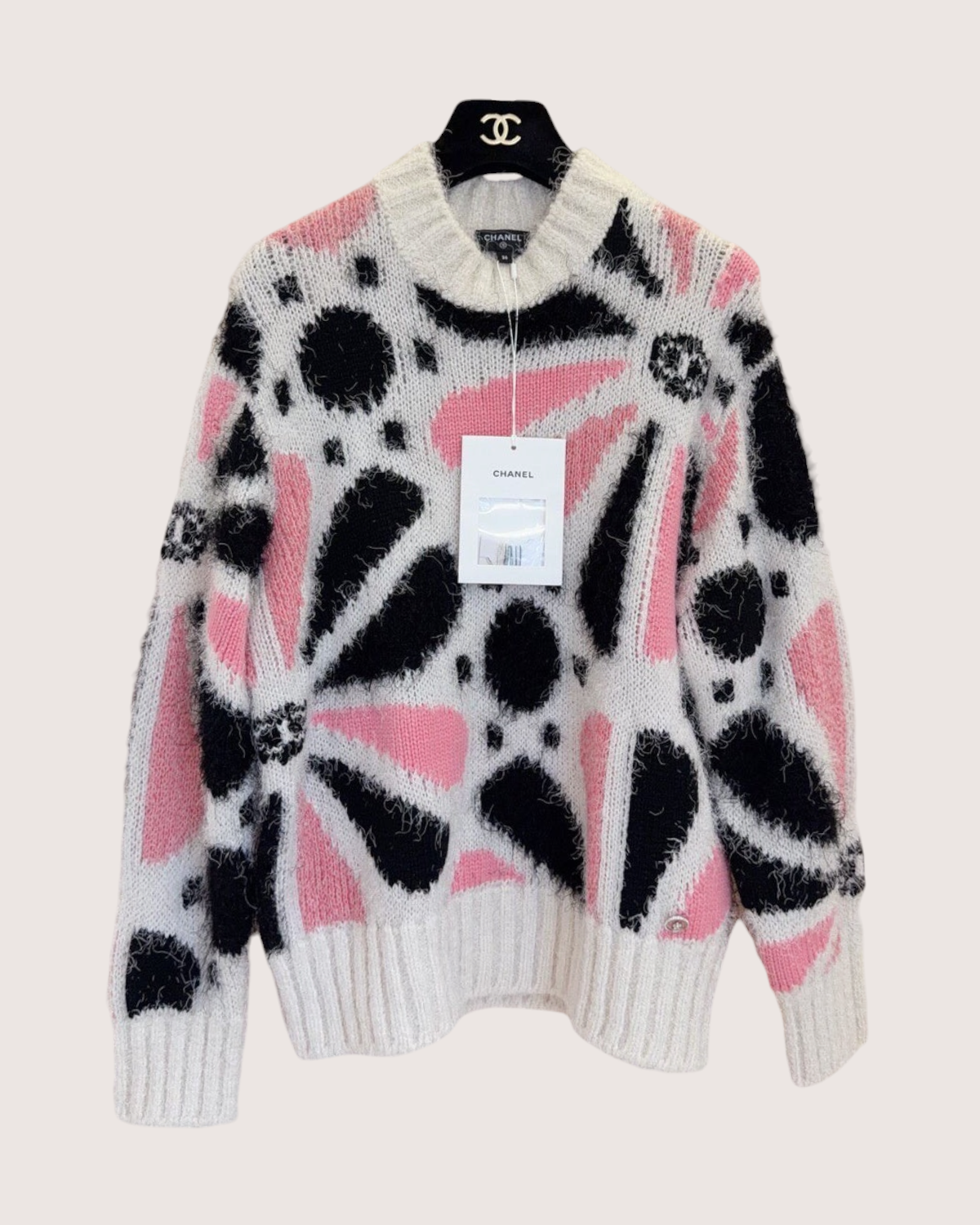 Chanel 23K Cashmere Floral Sweater Beige/Ecru, Black, Pink FR 36