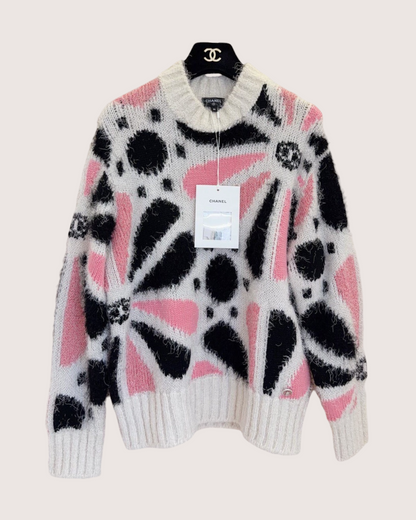 Chanel 23K Cashmere Floral Sweater Beige/Ecru, Black, Pink FR 36