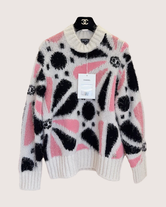 Chanel 23K Cashmere Floral Sweater Beige/Ecru, Black, Pink FR 36