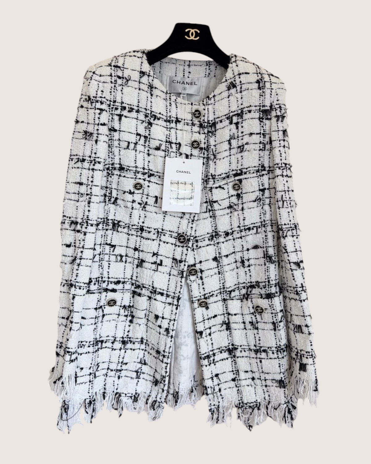 Chanel 22C Tweed Fringe Plaid Jacket White, Black FR 40