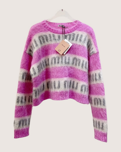 Miu Miu Mohair Striped Logo Sweater Pink, White, Grey, Multicolor IT 38