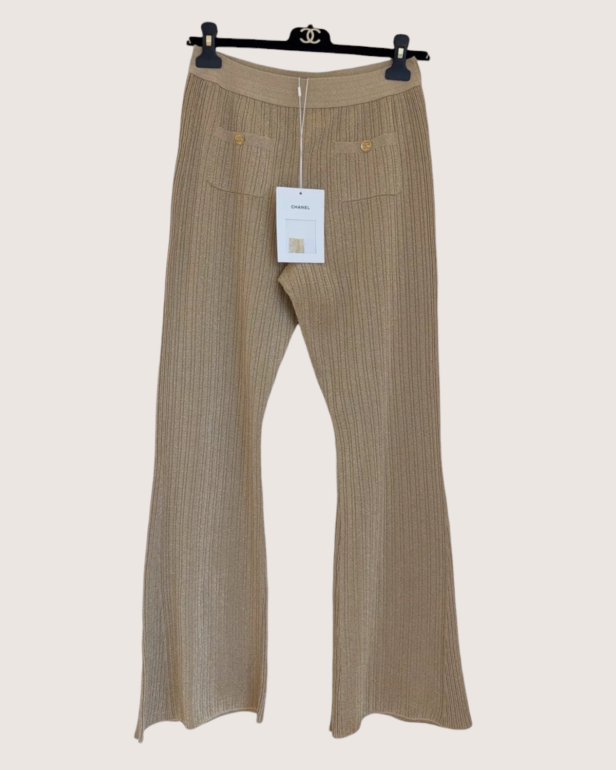 Chanel 23A CC Wide-Leg Trousers Beige/Ecru, Gold FR 36