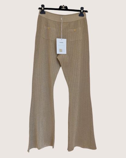 Chanel 23A CC Wide-Leg Trousers Beige/Ecru, Gold FR 36