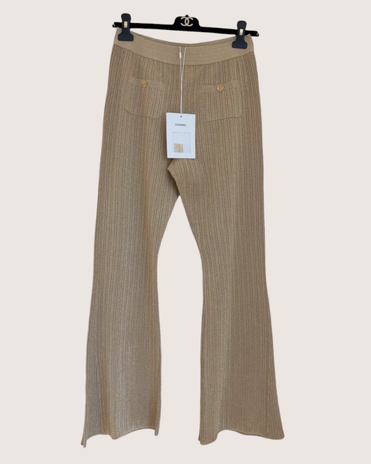 Chanel 23A CC Wide-Leg Trousers Beige/Ecru, Gold FR 36