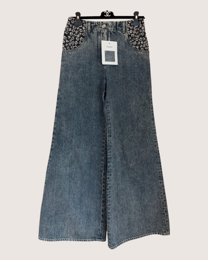 Chanel 25B Denim Wide-Leg Jeans Blue, Black, White FR 34