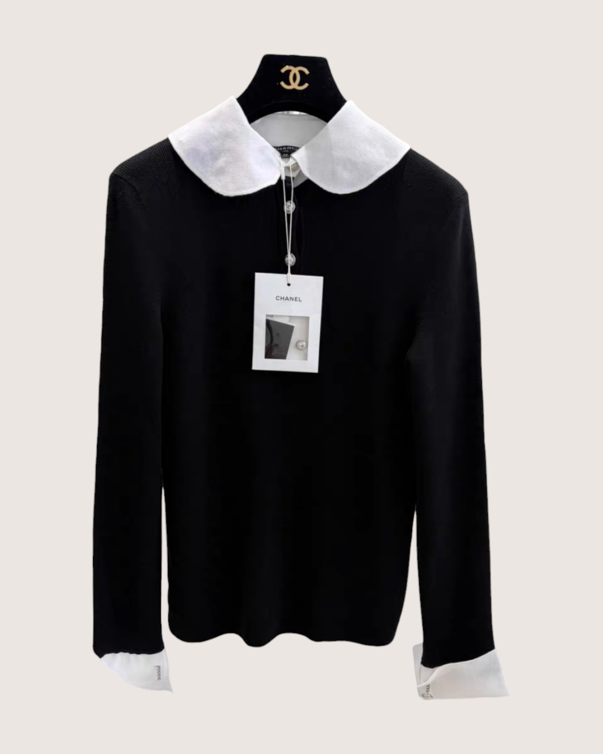 Chanel 20B Knit Wool Peter Pan Collar Sweater Black, White FR 40