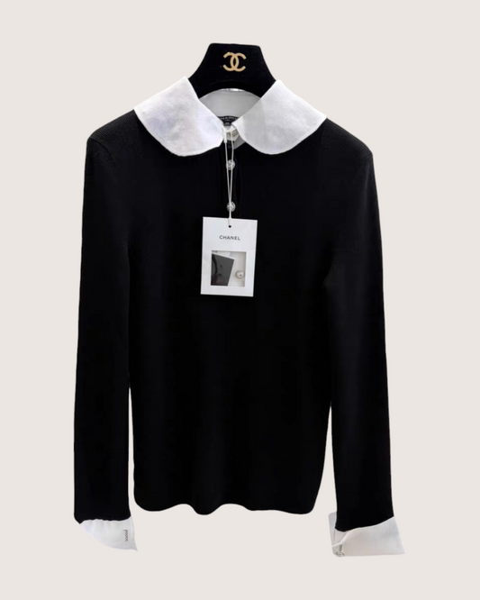 Chanel 20B Wool Peter Pan Collar Sweater - Black, White