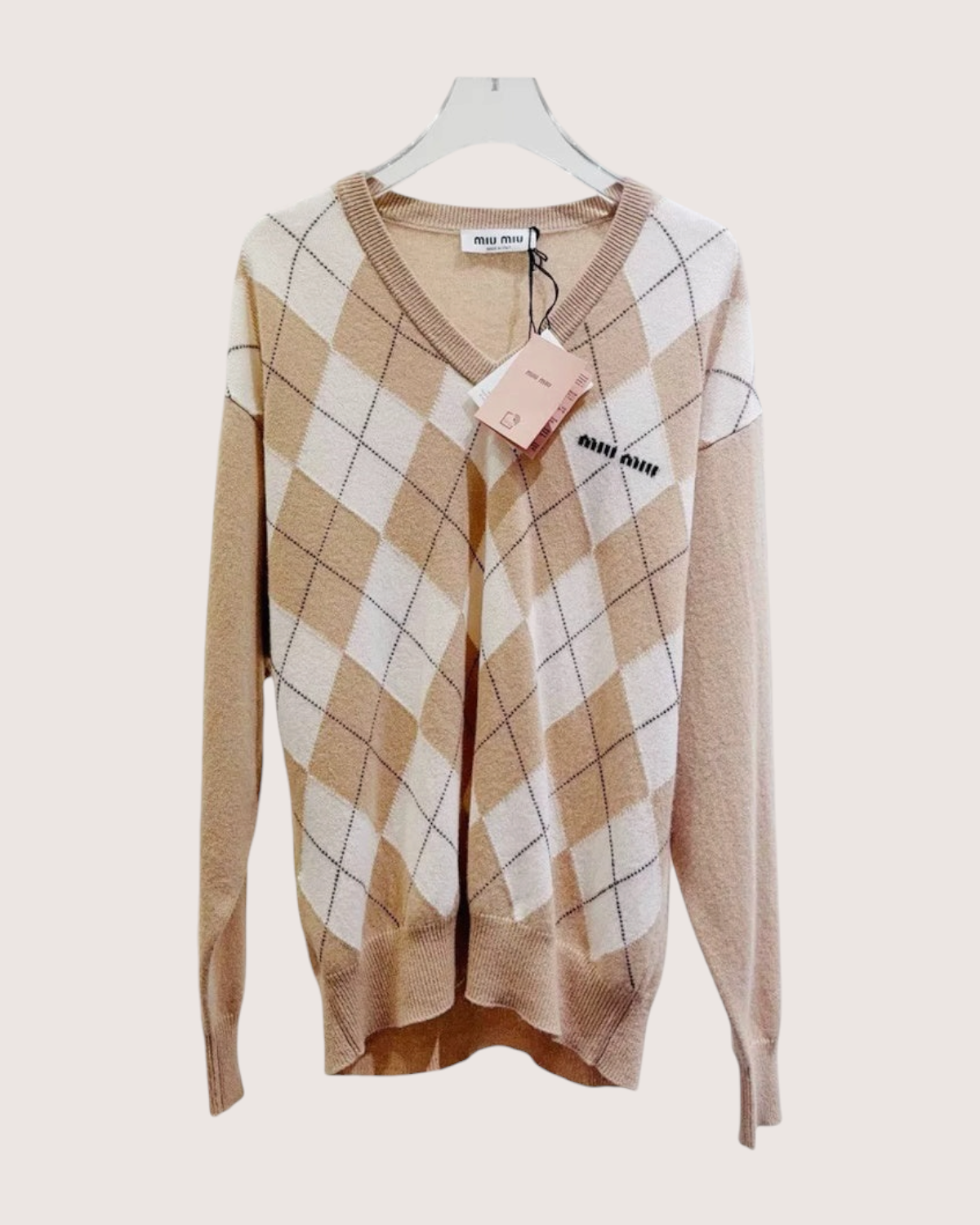 Miu Miu Argyle Wool Sweater Beige/Ecru, White FR 36
