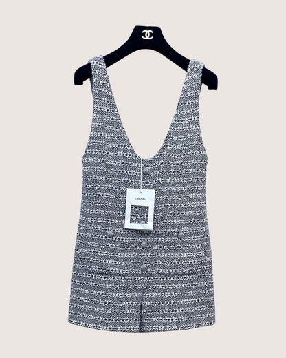 Chanel 24P Striped Tweed Jumpsuit Grey, White, Black FR 36