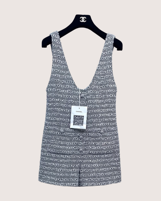 Chanel 24P Striped Tweed Jumpsuit Grey, White, Black FR 36