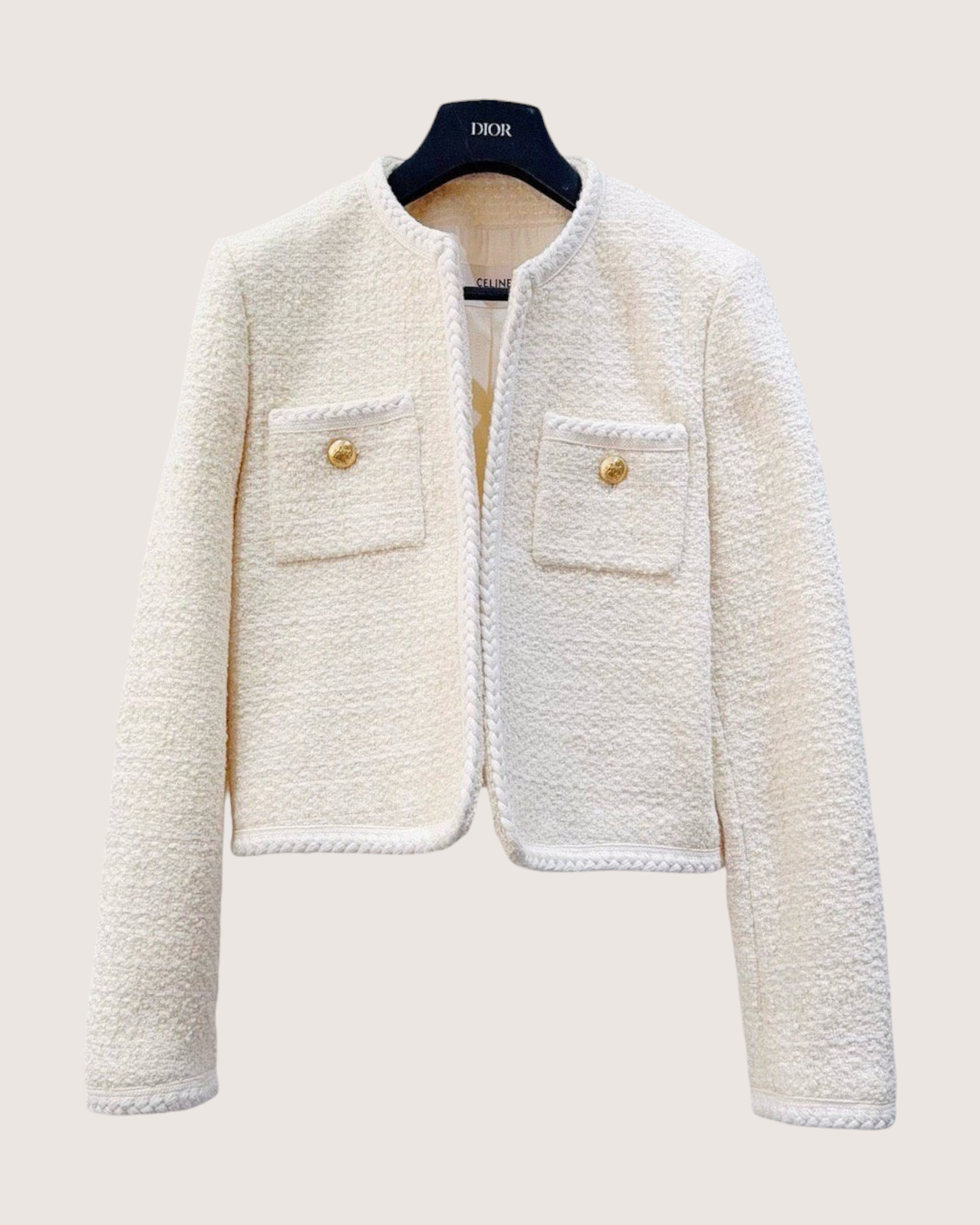 Celine Tweed Cropped Jacket Beige/Ecru FR 38