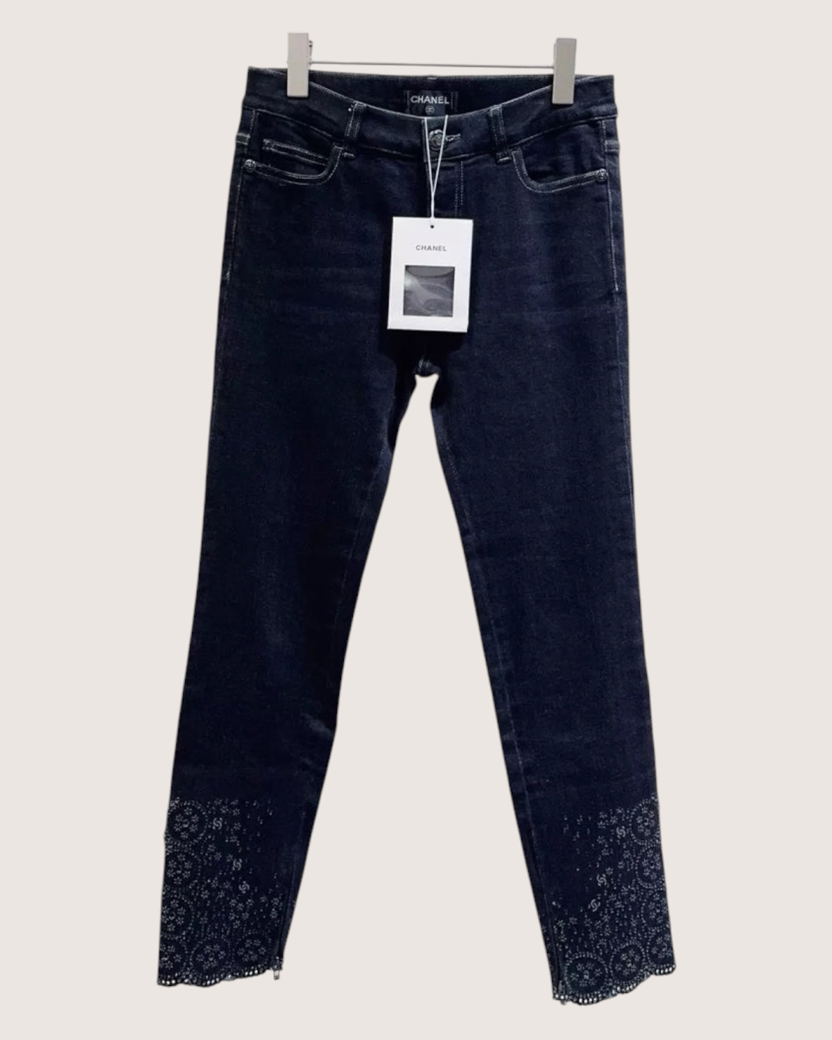 Chanel Skinny Lace-Trim Denim Jeans Black FR 36