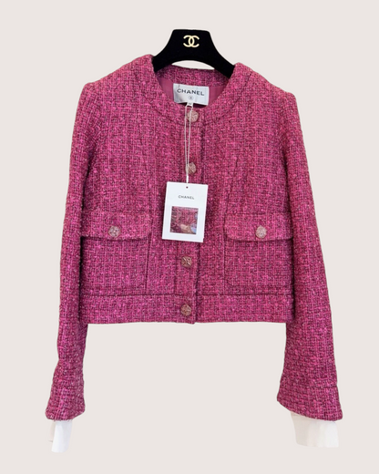 Chanel 23A Tweed Cropped Contrast-Cuff Jacket Pink, White FR 38