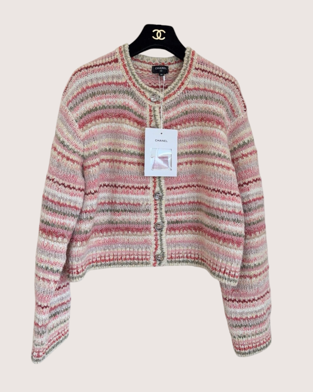 Chanel 24B Cropped Striped Cashmere Cardigan Pink, Beige/Ecru, Multicolor FR 38