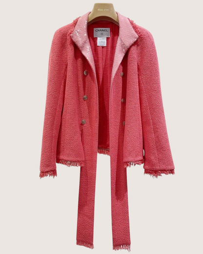Chanel 08C Sequin-Trim Fringe Tweed Jacket Pink FR 42