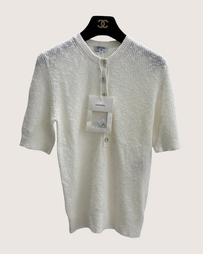 Chanel 25M Coco Beach Knit Short-Sleeve Crewneck Top White FR 36