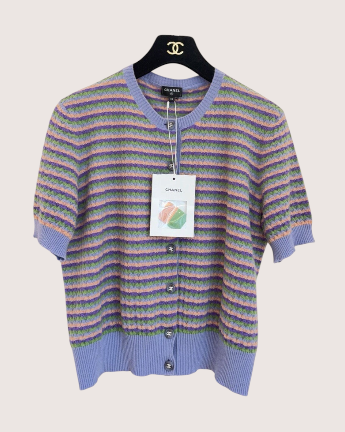 Chanel 24A Cashmere Striped Short-Sleeve Cardigan Purple, Green, Orange, Multicolor FR 42