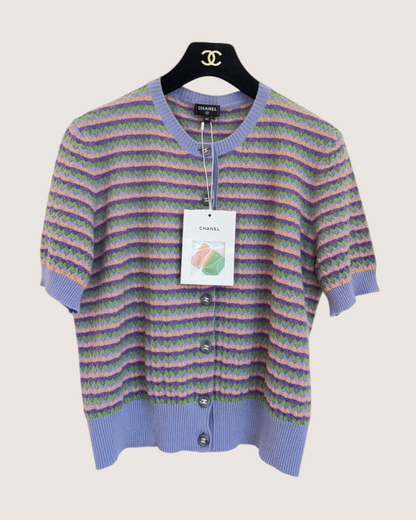 Chanel 24A Cashmere Striped Short-Sleeve Cardigan Purple, Green, Orange, Multicolor FR 42