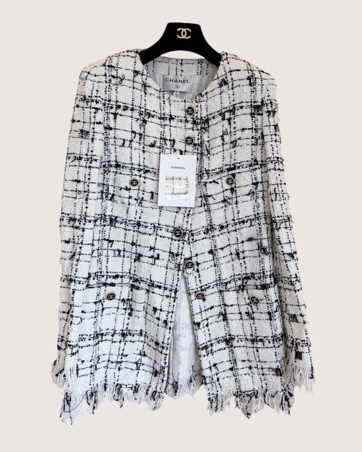 Chanel 22C Fringe Plaid Tweed Jacket White, Black FR 40