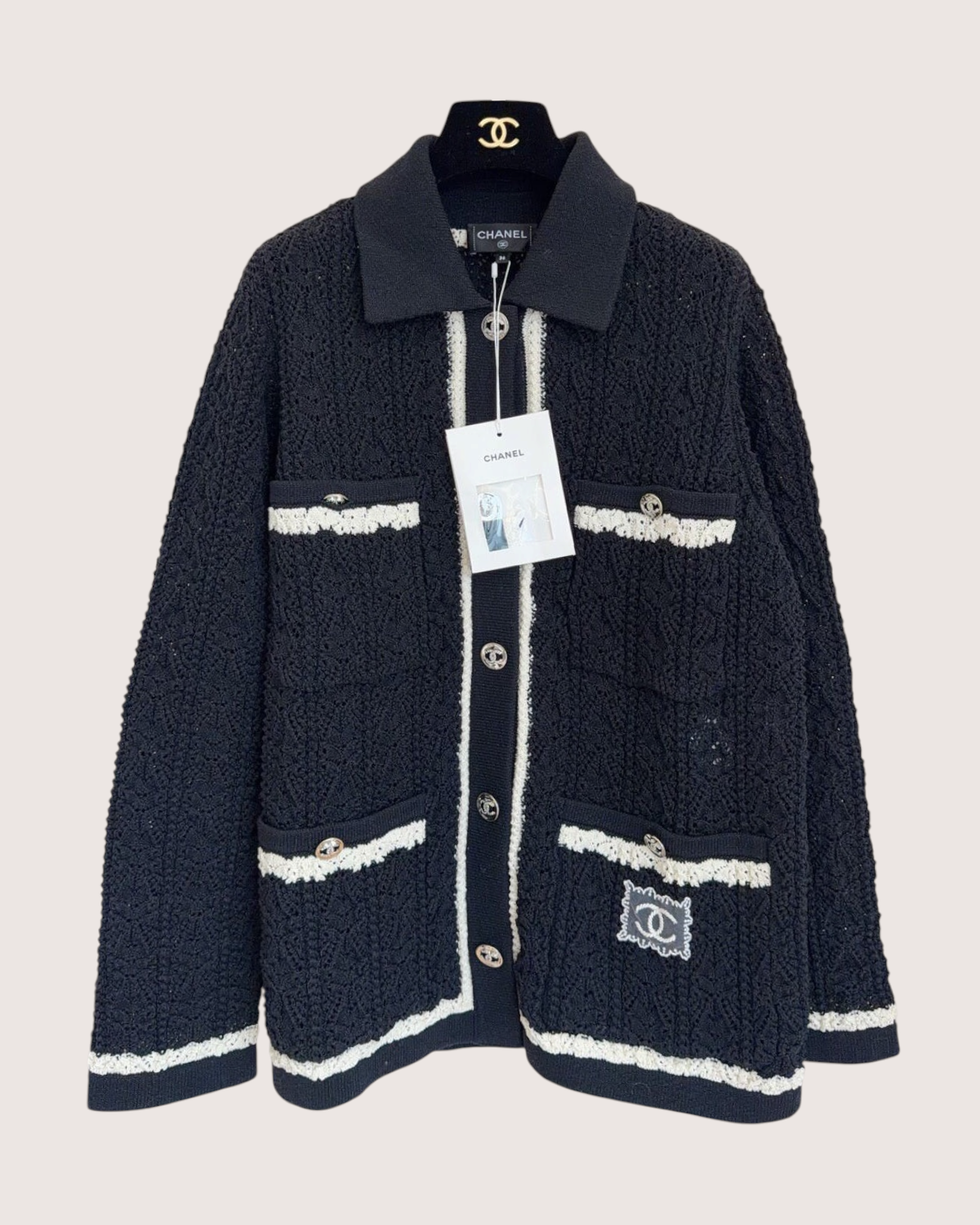 Chanel 24P Openwork Cardigan Black, Beige/Ecru FR 38