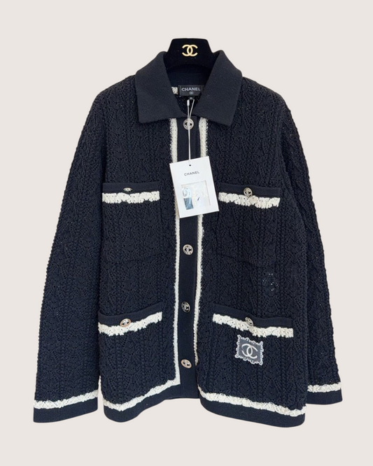 Chanel 24P Openwork Cardigan Black, Beige/Ecru FR 38