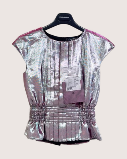 Chanel Metallic Lamé Pleated Blouse Silver, Pink FR 34