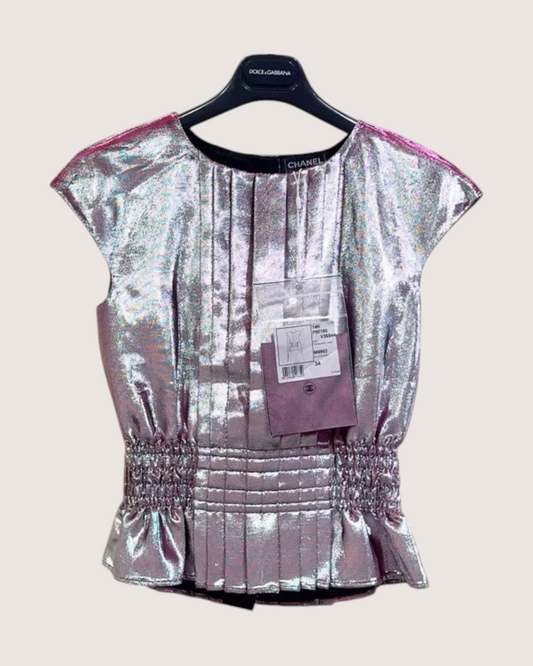 Chanel Metallic Lamé Pleated Blouse Silver, Pink FR 34