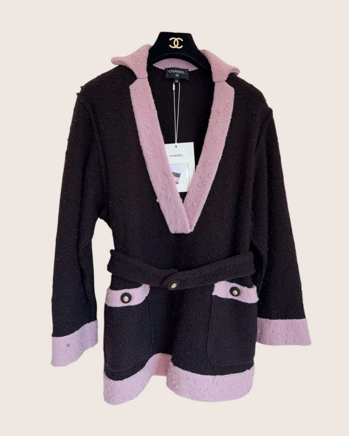 Chanel 24K Belted V-Neck Wool Sweater Black, Pink FR 38