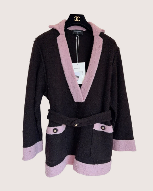 Chanel 24K Belted V-Neck Wool Sweater Black, Pink FR 38
