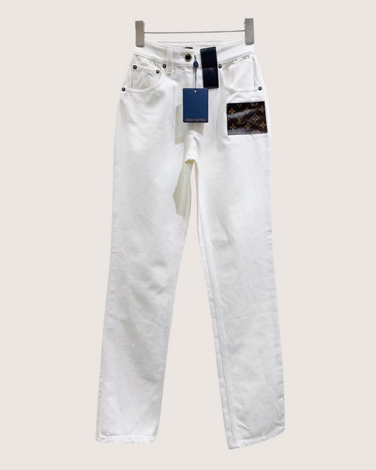 Louis Vuitton Monogram-Patch Straight Denim Jeans White FR 34