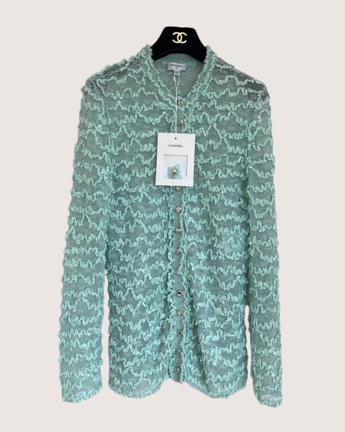 Chanel 26A Bouclé Cardigan Green FR 36