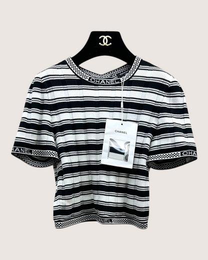 Chanel 23C Striped Cutout-Back Short-Sleeve Top Black, White FR 38