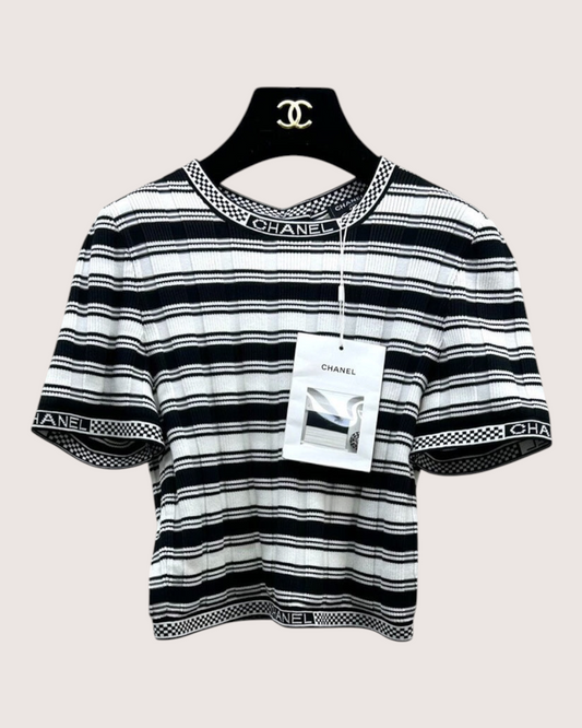 Chanel 23C Striped Cutout-Back Short-Sleeve Top Black, White FR 38