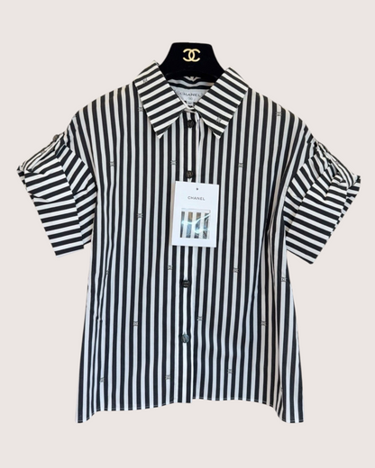 Chanel 24M Coco Beach CC Striped Short-Sleeve Shirt Black, White FR 36