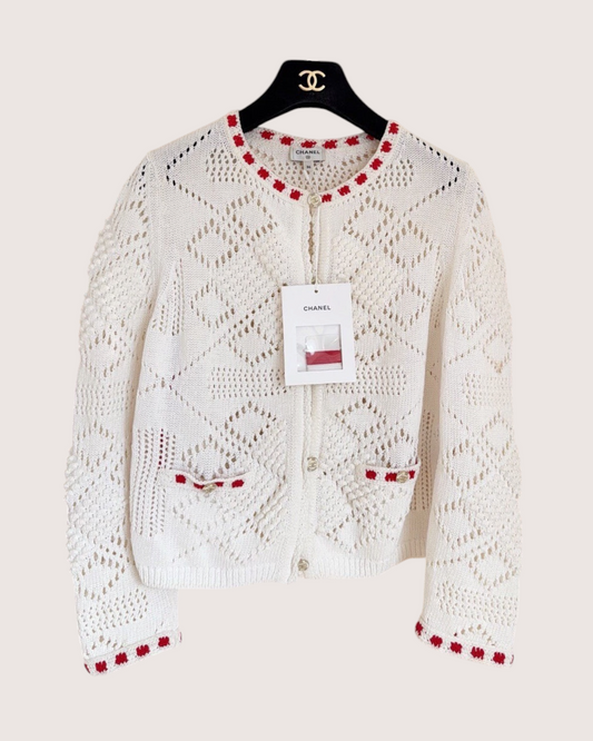 Chanel 24P Openwork Cardigan White, Red FR 36