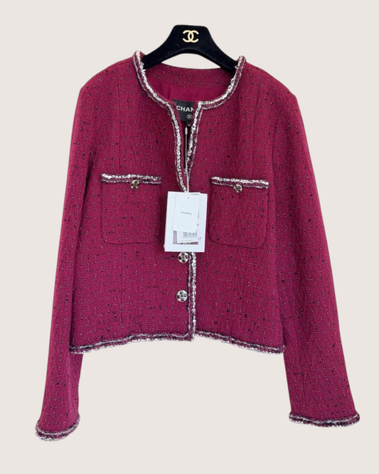 Chanel 22A Braided-Trim Tweed Jacket Burgundy, Black, Silver FR 40