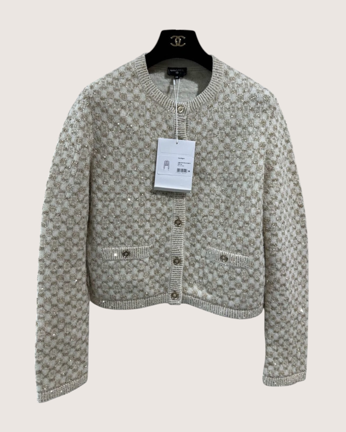 Chanel 23B Sequin Checkerboard Cardigan Beige/Ecru, Gold FR 40