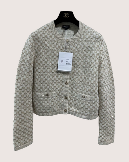 Chanel 23B Sequin Checkerboard Cardigan Beige/Ecru, Gold FR 40