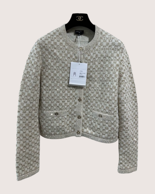 Chanel 23B Sequin Checkerboard Cardigan Beige/Ecru, Gold FR 40