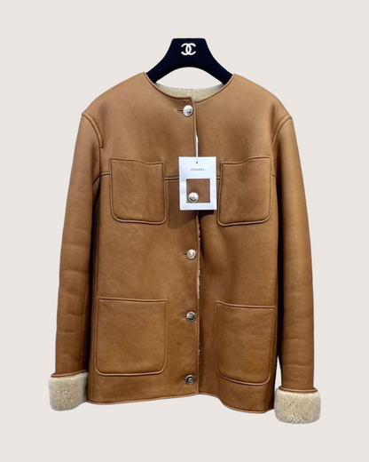 Chanel 24K Four-Pocket Shearling Fur Jacket Brown FR 38