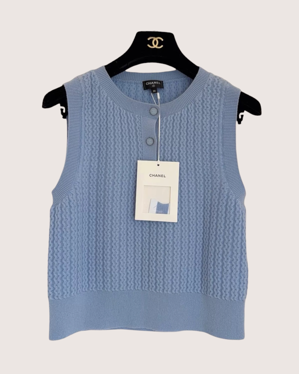 Chanel 24B Cable Cashmere Vest Blue FR 36