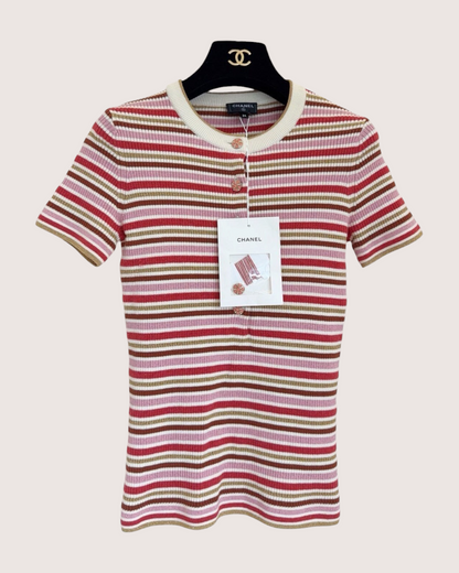 Chanel 26C Striped Polo Top Pink, Red, Multicolor FR 34