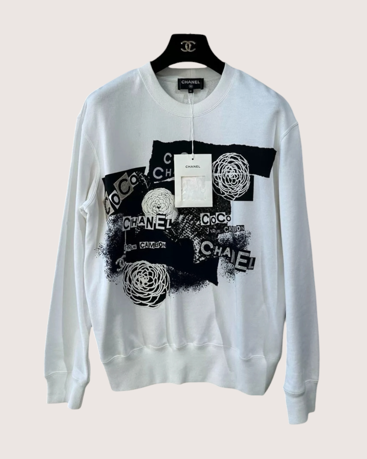 Chanel 20P Camellia Sequin Embroidered Logo Sweatshirt White, Black, Navy FR 38