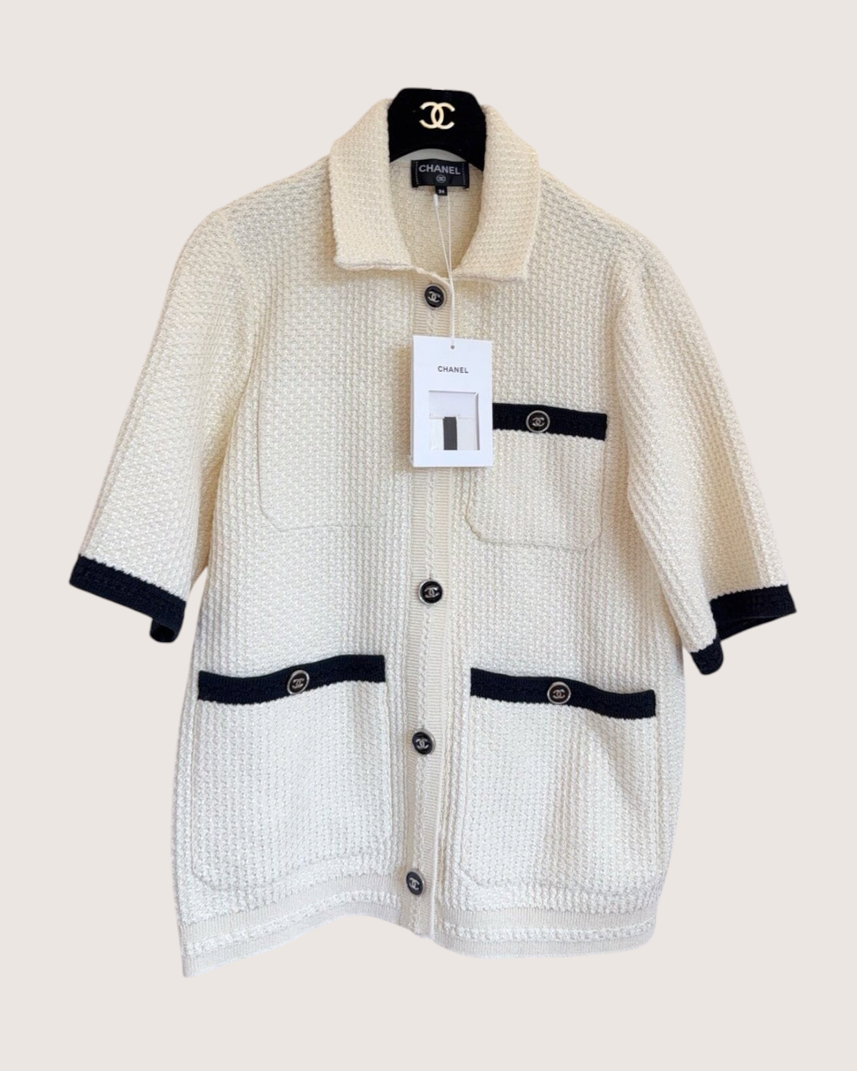 Chanel 24P Short-Sleeve Four-Pocket Cardigan Beige/Ecru, Black FR 34