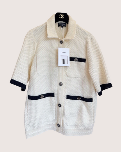Chanel 24P Short-Sleeve Four-Pocket Cardigan Beige/Ecru, Black FR 34