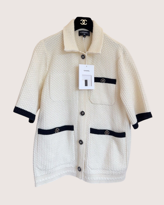 Chanel 24P Short-Sleeve Four-Pocket Cardigan Beige/Ecru, Black FR 34